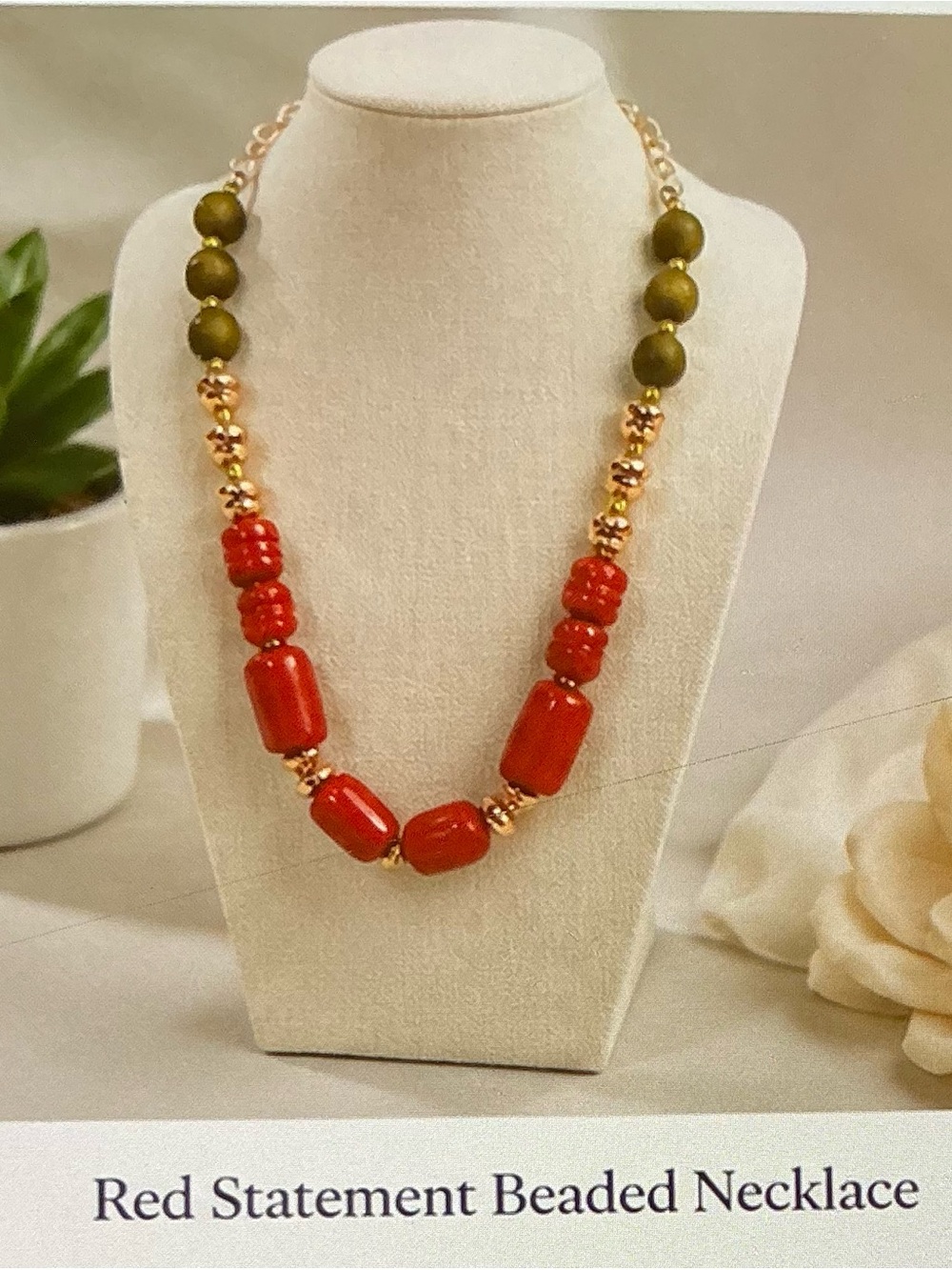 Studio Barse Red and Olive Beaded Necklace with Gold Accents